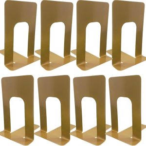 Alessk 8 Pieces Gold Bookends for Shelves, Heavy Duty Metal Bookends Supports Heavy Books, Decorative Gold Stops for Home or Office Decoration - 4 Pairs.