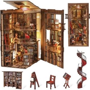 Book Nook Library Kit, DIY Miniature Dollhouse Booknook Kit, 3D Wooden Puzzle Bookend Bookshelf with LED Light for Adults Teens (Abbey Library)
