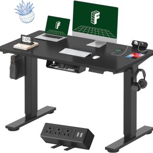 FLEXISPOT EN2 Whole-Piece Standing Desk with Clamp Power Strip, 48x24'' Electric Stand Up Height Adjustable Desk with Cable Management (Black Frame + 48" Black Table Top)