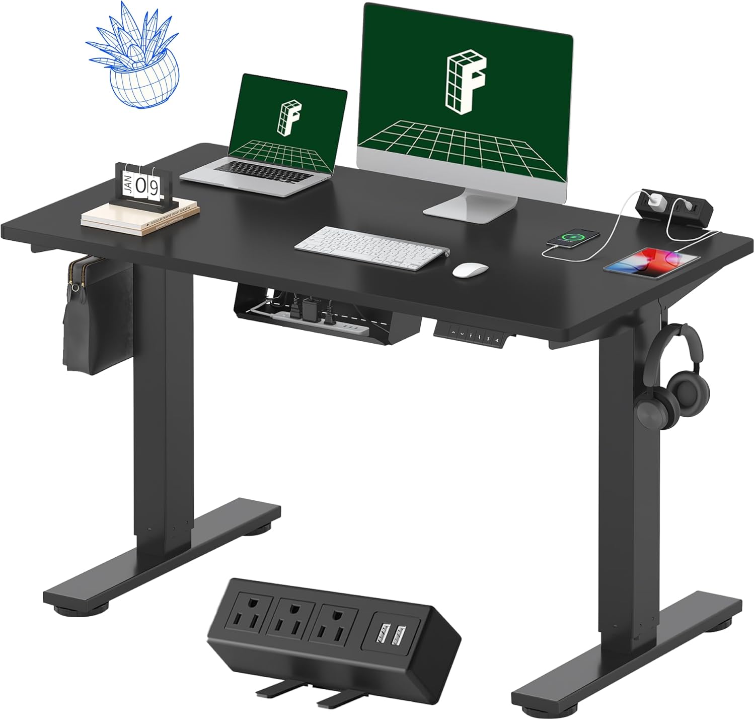 FLEXISPOT EN2 Whole-Piece Standing Desk with Clamp Power Strip, 48×24” Electric Stand Up Height Adjustable Desk with Cable Management (Black Frame + 48″ Black Table Top)