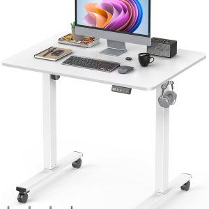Small Height Adjustable Electric Standing Desk, 31.5" x 23.6" Sit Stand up Desk with Splice Board, Ergonomic Rising Computer Home Office Desk Table with Memory Preset, White Frame/White Top