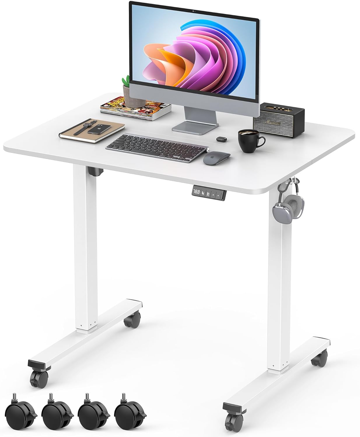 Small Height Adjustable Electric Standing Desk, 31.5″ x 23.6″ Sit Stand up Desk with Splice Board, Ergonomic Rising Computer Home Office Desk Table with Memory Preset, White Frame/White Top