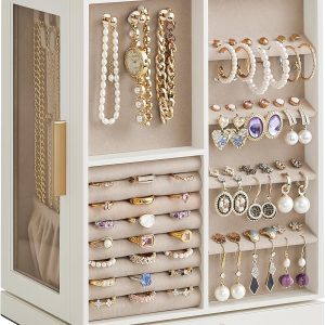 SONGMICS Jewelry Box 360° Rotating, Jewelry Storage Case with 5 Drawers, Jewelry Organizer, Glass Window, Spacious, Vertical Jewelry Storage, Open Design, Great Gift, Cloud White UJBC170W01